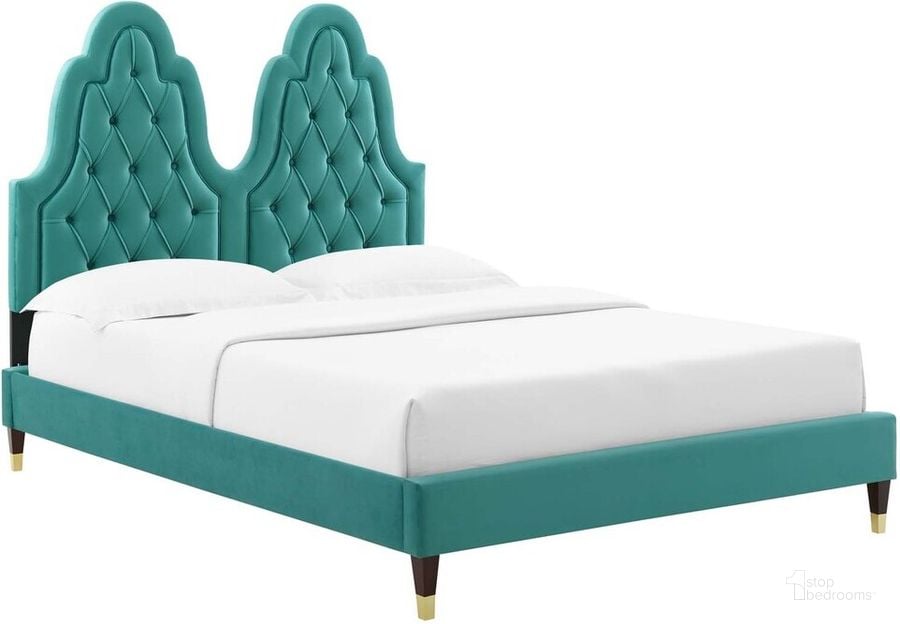 The appearance of Alexandria Tufted Performance Velvet King Platform Bed In Teal designed by Modway in the modern / contemporary interior design. This teal piece of furniture  was selected by 1StopBedrooms from Alexandria Collection to add a touch of cosiness and style into your home. Sku: MOD-6938-TEA. Bed Type: Platform Bed. Product Type: Platform Bed. Bed Size: King. Material: MDF. Image1