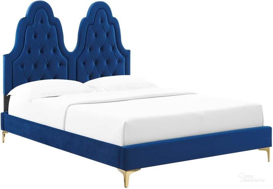 The appearance of Alexandria Tufted Performance Velvet Twin Platform Bed In Navy designed by Modway in the modern / contemporary interior design. This navy piece of furniture  was selected by 1StopBedrooms from Alexandria Collection to add a touch of cosiness and style into your home. Sku: MOD-6931-NAV. Bed Type: Platform Bed. Product Type: Platform Bed. Bed Size: Twin. Material: MDF. Image1