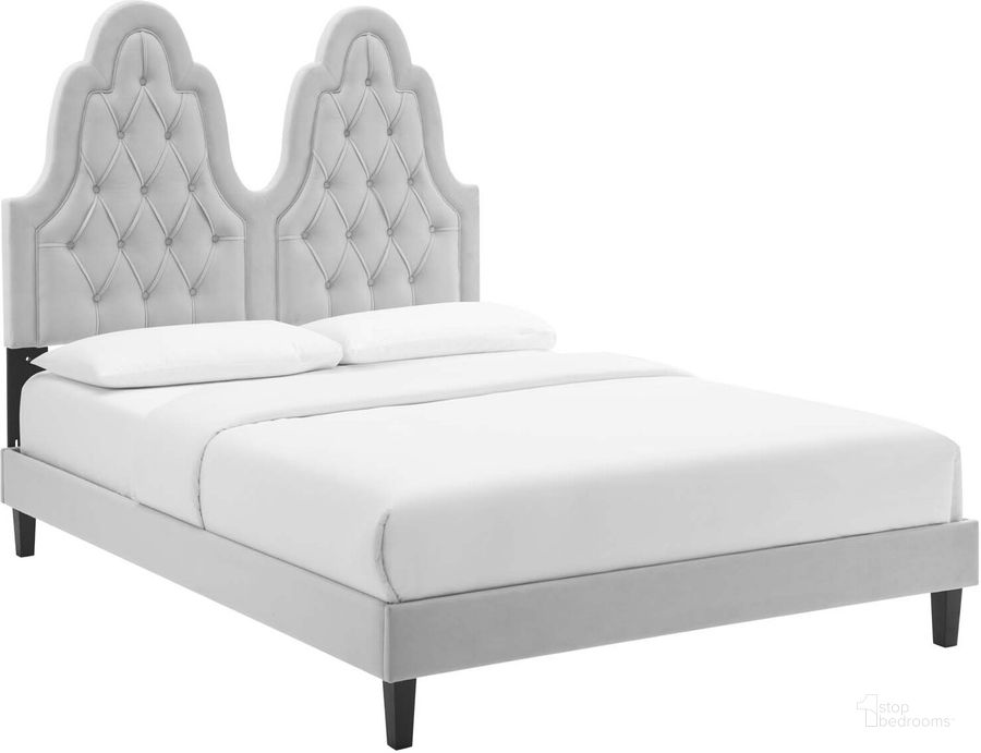 The appearance of Alexandria Tufted Performance Velvet Twin Platform Bed In Light Gray designed by Modway in the modern / contemporary interior design. This light gray piece of furniture  was selected by 1StopBedrooms from Alexandria Collection to add a touch of cosiness and style into your home. Sku: MOD-6933-LGR. Bed Type: Platform Bed. Product Type: Platform Bed. Bed Size: Twin. Material: MDF. Image1