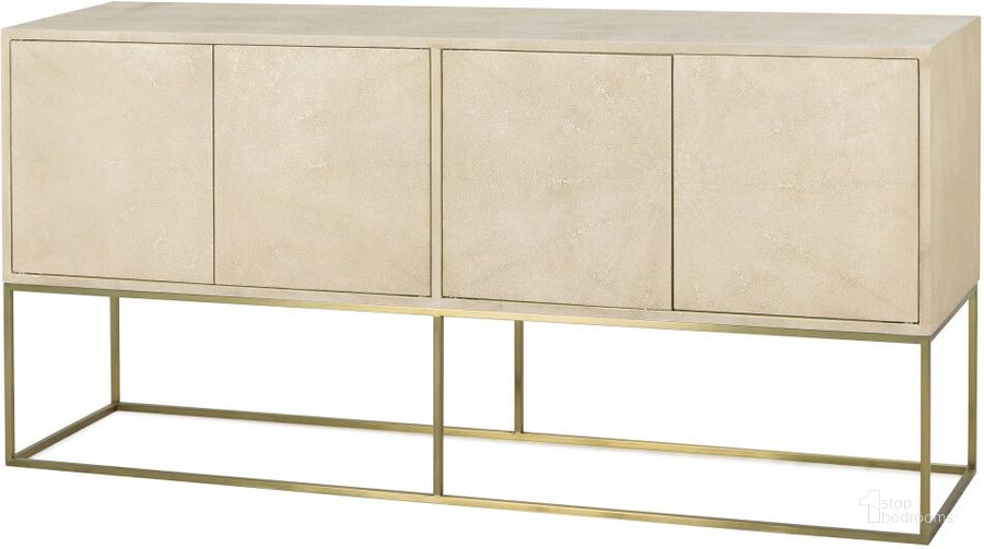 The appearance of Alice Emboss Faux Shagreen 4-Door Credenza In Ivory designed by Sonder Living in the modern / contemporary interior design. This ivory and white piece of furniture  was selected by 1StopBedrooms from Alice Collection to add a touch of cosiness and style into your home. Sku: FG0804102. Product Type: Credenza. Material: Stainless Steel. Image1