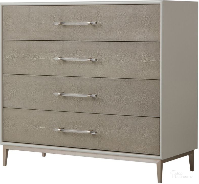 The appearance of Alice Emboss Faux Shagreen 4 Drawer Chest In Grey And Light Bronze designed by Sonder Living in the traditional interior design. This brown piece of furniture  was selected by 1StopBedrooms from Alice Collection to add a touch of cosiness and style into your home. Sku: FG0804269. Product Type: Chest. Material: MDF. Image1