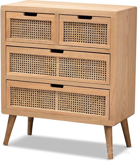 The appearance of Alina Mid-Century Modern Medium Oak Finished Wood And Rattan 4-Drawer Accent Chest designed by Baxton Studio in the transitional interior design. This medium oak piece of furniture  was selected by 1StopBedrooms from Alina Collection to add a touch of cosiness and style into your home. Sku: JY1902-Medium Oak-4DW-Cabinet. Material: MDF. Product Type: Accent Chest. Image1