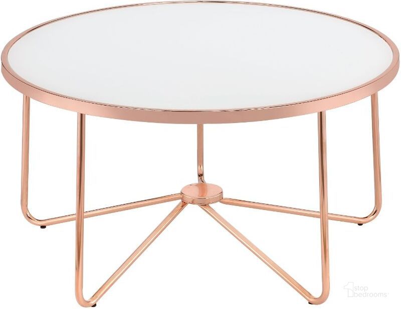 The appearance of Alivia Rose Gold and Frosted Glass Coffee Table designed by ACME in the modern / contemporary interior design. This gold piece of furniture  was selected by 1StopBedrooms from Alivia Collection to add a touch of cosiness and style into your home. Sku: 81835. Table Top Shape: Round. Material: Glass. Product Type: Coffee Table. Image1