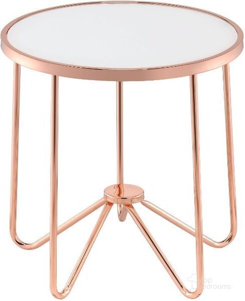 The appearance of Alivia Rose Gold and Frosted Glass End Table designed by ACME in the modern / contemporary interior design. This frosted glass piece of furniture  was selected by 1StopBedrooms from Alivia Collection to add a touch of cosiness and style into your home. Sku: 81837. Table Top Shape: Round. Material: Glass. Product Type: End Table. Image1