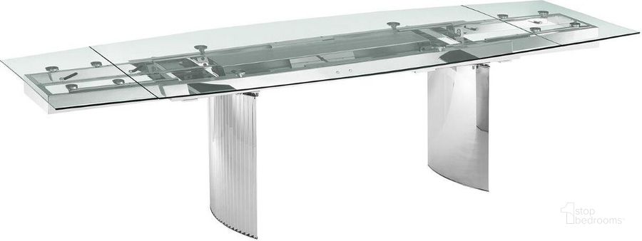 The appearance of Allegra Manual Dining Table With Stainless Steel Base and Clear Top designed by Casabianca Home in the modern / contemporary interior design. This clear piece of furniture  was selected by 1StopBedrooms from Allegra Collection to add a touch of cosiness and style into your home. Sku: TC-MAN06CLR. Table Base Style: Double Pedestal. Product Type: Dining Table. Table Top Shape: Rectangular. Material: Stainless Steel. Image1