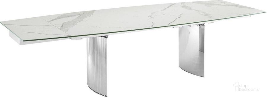 The appearance of Allegra Manual Dining Table With Stainless Steel Base and White Marbled Top designed by Casabianca Home in the modern / contemporary interior design. This white piece of furniture  was selected by 1StopBedrooms from Allegra Collection to add a touch of cosiness and style into your home. Sku: TC-MAN06MAR. Table Base Style: Double Pedestal. Product Type: Dining Table. Table Top Shape: Rectangular. Material: Stainless Steel. Image1
