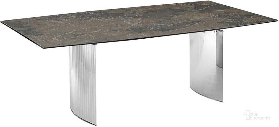 The appearance of Allegra Dining Table With Stainless Steel Base and Brown Marbled Top designed by Casabianca Home in the modern / contemporary interior design. This brown piece of furniture  was selected by 1StopBedrooms from Allegra Collection to add a touch of cosiness and style into your home. Sku: TC-MFIX06EMP. Table Base Style: Double Pedestal. Product Type: Dining Table. Table Top Shape: Rectangular. Material: Stainless Steel. Size: 71.