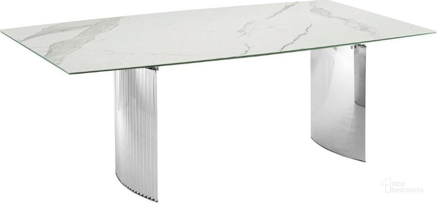 The appearance of Allegra Dining Table With Stainless Steel Base and White Marbled Top designed by Casabianca Home in the modern / contemporary interior design. This white piece of furniture  was selected by 1StopBedrooms from Allegra Collection to add a touch of cosiness and style into your home. Sku: TC-MFIX06MAR. Table Base Style: Double Pedestal. Product Type: Dining Table. Table Top Shape: Rectangular. Material: Stainless Steel. Size: 71.