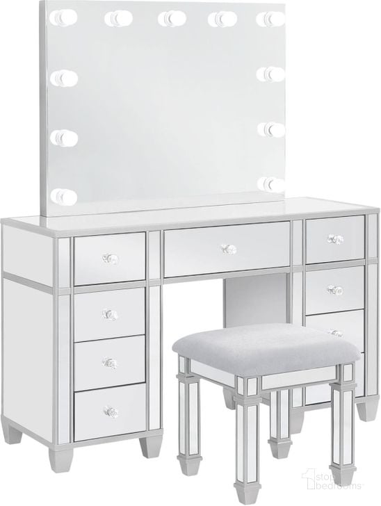 The appearance of Allora 9-Drawer Mirrored Storage Vanity Set with Hollywood Lighting In Metallic designed by Coaster in the glam interior design. This metallic piece of furniture  was selected by 1StopBedrooms from Allora Collection to add a touch of cosiness and style into your home. Sku: 930242B1;930242B2. Material: Glass. Product Type: Vanity Set. Image1