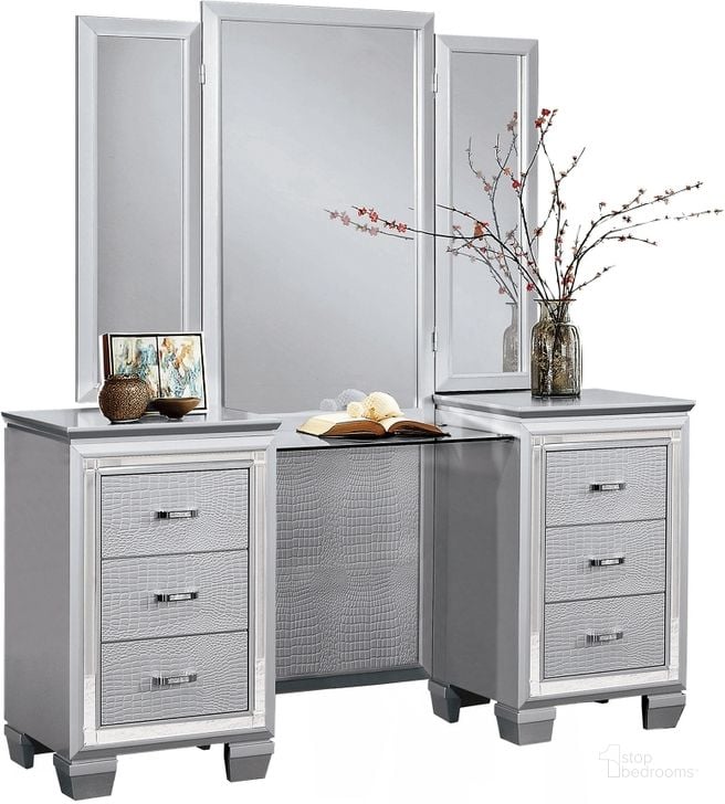 The appearance of Allura Silver Vanity with Mirror designed by Homelegance in the transitional interior design. This silver piece of furniture  was selected by 1StopBedrooms from Allura Collection to add a touch of cosiness and style into your home. Sku: 1916-15R;1916-15L;1916-15M. Material: Wood. Product Type: Vanity. Image1