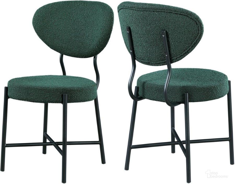 The appearance of Allure Green Boucle Fabric Dining Chair Set Of 2 designed by Meridian in the modern / contemporary interior design. This green piece of furniture  was selected by 1StopBedrooms from Allure Collection to add a touch of cosiness and style into your home. Sku: 579Green-C. Material: Fabric. Product Type: Dining Chair. Image1