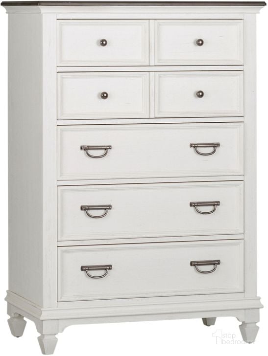The appearance of Allyson Park Wire Brushed White 5 Drawer Chest designed by Liberty in the traditional interior design. This white piece of furniture  was selected by 1StopBedrooms from Allyson Park Collection to add a touch of cosiness and style into your home. Sku: 417-BR41. Product Type: Chest. Material: Pine. Image1