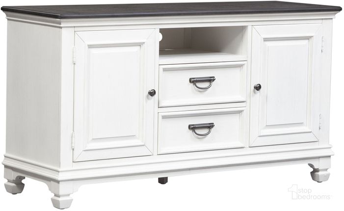 The appearance of Allyson Park Wirebrushed White 56" TV Console designed by Liberty in the country / farmhouse interior design. This white piece of furniture  was selected by 1StopBedrooms from Allyson Park Collection to add a touch of cosiness and style into your home. Sku: 417-TV56. Product Type: TV Stands and TV Console. Material: Pine. Image1