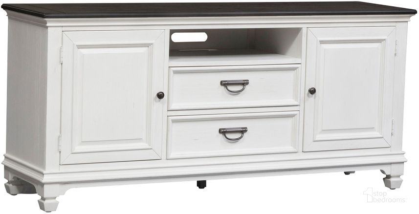 The appearance of Allyson Park Wirebrushed White 66" TV Console designed by Liberty in the country / farmhouse interior design. This white piece of furniture  was selected by 1StopBedrooms from Allyson Park Collection to add a touch of cosiness and style into your home. Sku: 417-TV66. Product Type: TV Stands and TV Console. Material: Pine. Image1