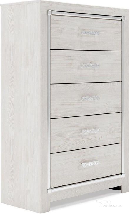 The appearance of Altyra White Five Drawer Chest designed by Signature Design by Ashley in the modern / contemporary interior design. This white piece of furniture  was selected by 1StopBedrooms from Altyra Collection to add a touch of cosiness and style into your home. Sku: B2640-46. Material: Wood. Product Type: Chest. Image1