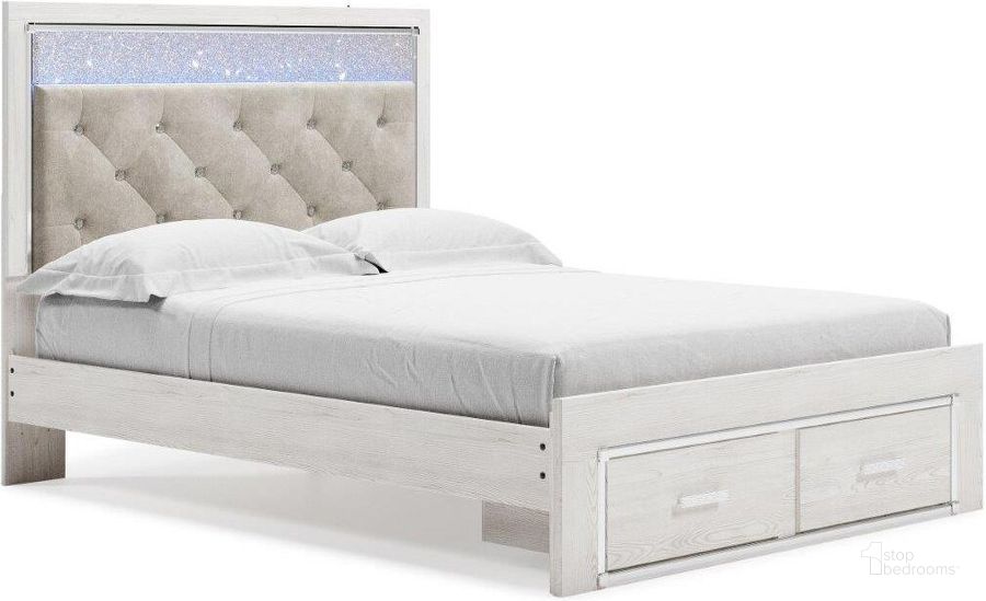 The appearance of Altyra White Queen Storage Panel Bed designed by Signature Design by Ashley in the transitional interior design. This white piece of furniture  was selected by 1StopBedrooms from Altyra Collection to add a touch of cosiness and style into your home. Sku: B2640-57;B2640-54S;B2640-95;B100-13. Bed Type: Storage Bed. Material: Fabric. Product Type: Storage Bed. Bed Size: Queen. Image1