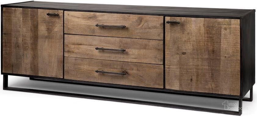 The appearance of Alvin Brown Solid Wood With Black Metal Frame 3 Drawer 2 Cabinet Door Sideboard designed by Mercana in the modern / contemporary interior design. This black and brown piece of furniture  was selected by 1StopBedrooms from Alvin Collection to add a touch of cosiness and style into your home. Sku: 67851. Material: Wood. Product Type: Sideboard. Image1