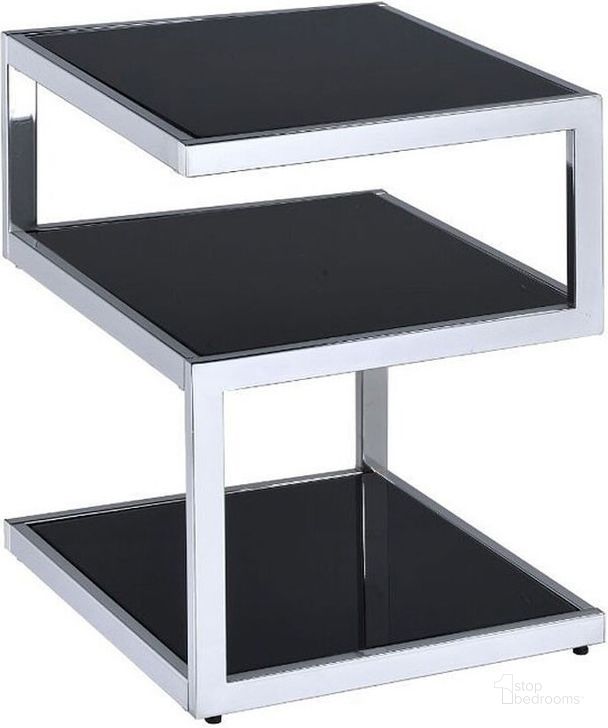 The appearance of Alyea Chrome and Black Glass End Table designed by ACME in the modern / contemporary interior design. This black piece of furniture  was selected by 1StopBedrooms from Alyea Collection to add a touch of cosiness and style into your home. Sku: 81848. Table Top Shape: Square. Material: Glass. Product Type: End Table. Image1