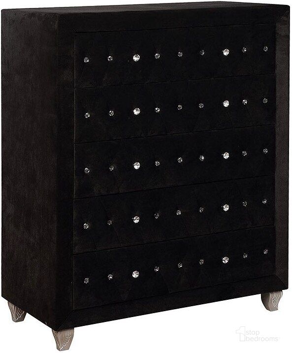 The appearance of Alzire Black Chest designed by Furniture of America in the transitional interior design. This black piece of furniture  was selected by 1StopBedrooms from Alzire Collection to add a touch of cosiness and style into your home. Sku: CM7150BK-C. Product Type: Chest. Material: Velvet. Image1