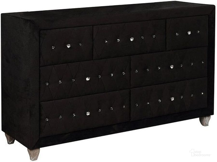 The appearance of Alzire Black Dresser designed by Furniture of America in the transitional interior design. This black piece of furniture  was selected by 1StopBedrooms from Alzire Collection to add a touch of cosiness and style into your home. Sku: CM7150BK-D. Product Type: Dresser. Material: Velvet. Image1