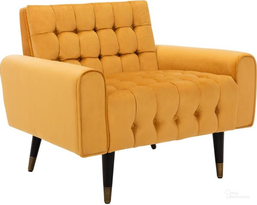The appearance of Amaris Marigold and Black and Brass Tufted Accent Chair designed by Safavieh in the modern / contemporary interior design. This orange piece of furniture  was selected by 1StopBedrooms from Amaris Collection to add a touch of cosiness and style into your home. Sku: ACH4503B. Product Type: Accent Chair. Material: Stainless Steel. Image1