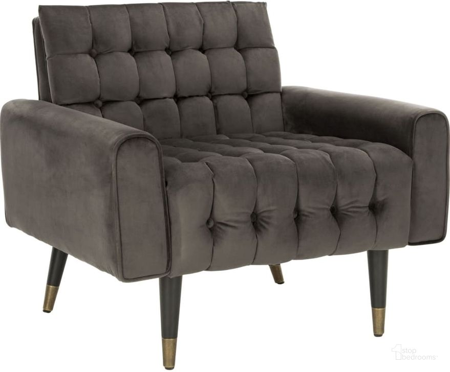 The appearance of Amaris Shale and Black and Brass Tufted Accent Chair designed by Safavieh in the modern / contemporary interior design. This black piece of furniture  was selected by 1StopBedrooms from Amaris Collection to add a touch of cosiness and style into your home. Sku: ACH4503C. Product Type: Accent Chair. Material: Stainless Steel. Image1