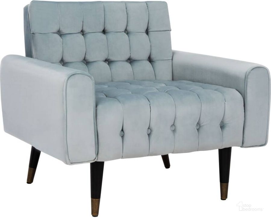 The appearance of Amaris Slate Blue and Black and Brass Tufted Accent Chair designed by Safavieh in the modern / contemporary interior design. This slate blue piece of furniture  was selected by 1StopBedrooms from Amaris Collection to add a touch of cosiness and style into your home. Sku: ACH4503A. Product Type: Accent Chair. Material: Stainless Steel. Image1