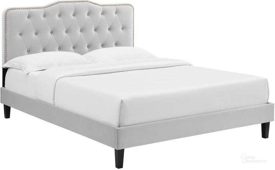 The appearance of Amber Tufted Performance Velvet King Platform Bed In Light Gray designed by Modway in the modern / contemporary interior design. This light gray piece of furniture  was selected by 1StopBedrooms from Amber Collection to add a touch of cosiness and style into your home. Sku: MOD-6786-LGR. Bed Type: Platform Bed. Product Type: Platform Bed. Bed Size: King. Material: Plywood. Image1