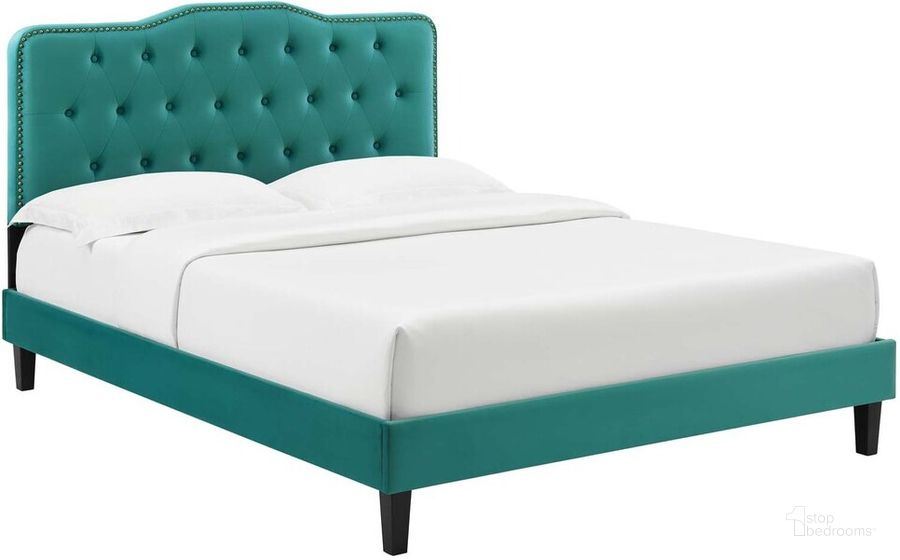 The appearance of Amber Tufted Performance Velvet King Platform Bed In Teal designed by Modway in the  interior design. This teal piece of furniture  was selected by 1StopBedrooms from Amber Collection to add a touch of cosiness and style into your home. Sku: MOD-6786-TEA. Bed Type: Platform Bed. Product Type: Platform Bed. Bed Size: King. Material: MDF. Image1