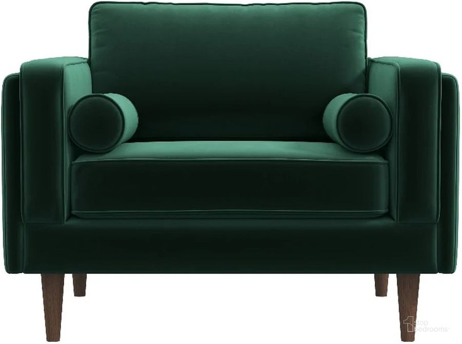 The appearance of Amber Velvet Lounge Chair In Green designed by Ashcroft Furniture in the transitional interior design. This green piece of furniture  was selected by 1StopBedrooms from Amber Collection to add a touch of cosiness and style into your home. Sku: AFC01812. Material: Wood. Product Type: Lounge Chair. Image1