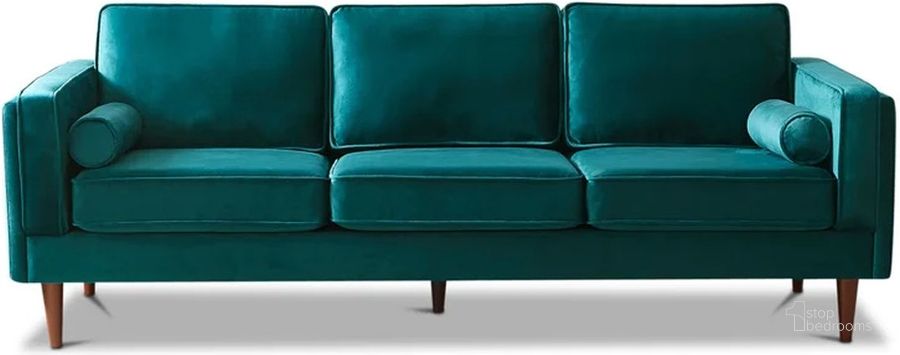 The appearance of Amber Velvet Sofa In Teal designed by Ashcroft Furniture in the transitional interior design. This teal piece of furniture  was selected by 1StopBedrooms from Amber Collection to add a touch of cosiness and style into your home. Sku: AFC01188. Material: Wood. Product Type: Sofa. Image1