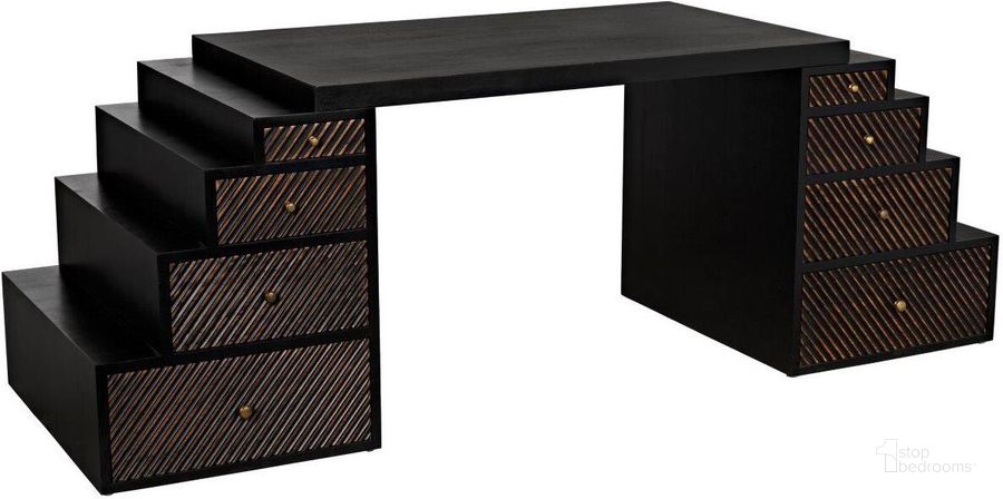 The appearance of Ambidextrous Desk In Hand Rubbed Black With Light Brown Trim designed by Noir in the transitional interior design. This black piece of furniture  was selected by 1StopBedrooms from  to add a touch of cosiness and style into your home. Sku: GDES196HB. Material: Wood. Product Type: Desk. Image1