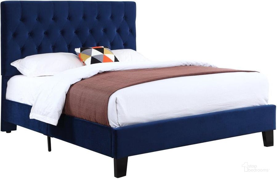 The appearance of Amelia California King Upholstered Bed In Navy designed by Emerald Home Furnishings in the transitional interior design. This navy piece of furniture  was selected by 1StopBedrooms from Amelia Collection to add a touch of cosiness and style into your home. Sku: B128-13HBFBR-14. Bed Type: Platform Bed. Material: Wood. Product Type: Platform Bed. Bed Size: California King. Image1