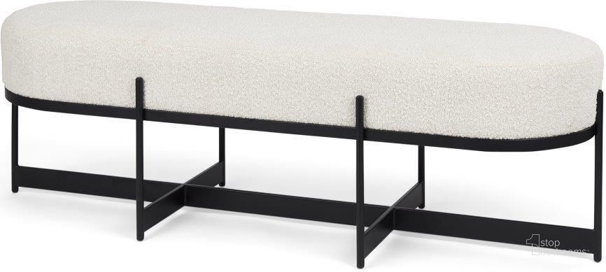 The appearance of Amelia Cream Boucle With Black Metal Upholstered Bench designed by Mercana in the modern / contemporary interior design. This cream and black piece of furniture  was selected by 1StopBedrooms from Amelia Collection to add a touch of cosiness and style into your home. Sku: 69836. Material: Metal. Product Type: Bench. Image1