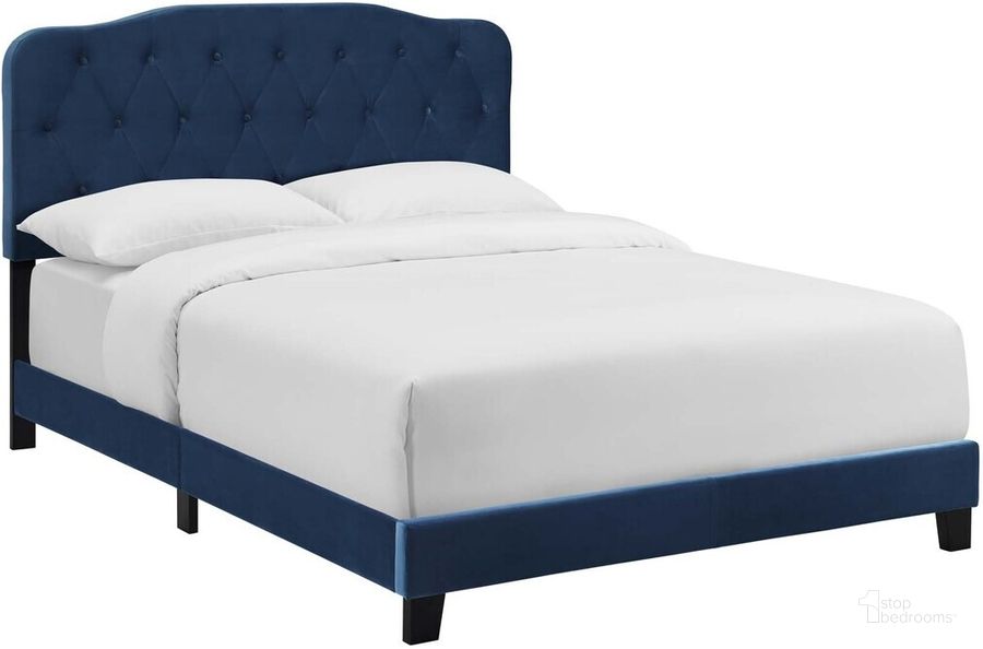 The appearance of Amelia King Performance Velvet Bed In Navy designed by Modway in the modern / contemporary interior design. This navy piece of furniture  was selected by 1StopBedrooms from Amelia Collection to add a touch of cosiness and style into your home. Sku: MOD-5865-NAV. Bed Type: Platform Bed. Product Type: Platform Bed. Bed Size: King. Material: Velvet. Image1