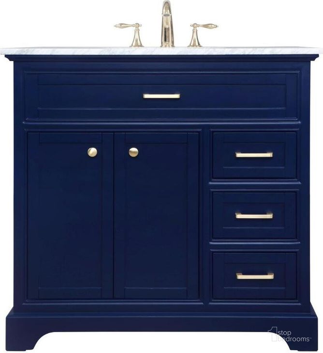 The appearance of Americana 36 Inch Single Bathroom Vanity In Blue designed by Elegant Lighting in the modern / contemporary interior design. This blue piece of furniture  was selected by 1StopBedrooms from Americana Collection to add a touch of cosiness and style into your home. Sku: VF15036BL. Material: Wood. Product Type: Bathroom Vanity. Image1