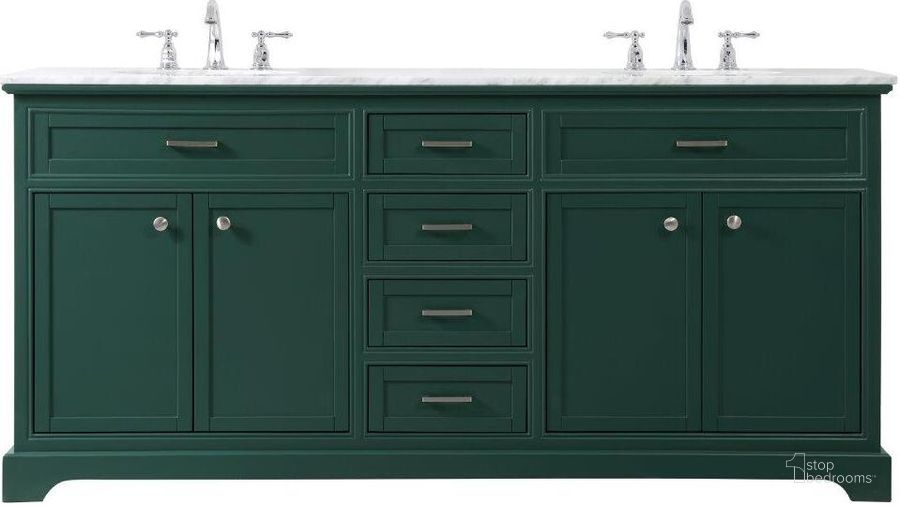 The appearance of Americana 72 Inch Double Bathroom Vanity In Green designed by Elegant Lighting in the modern / contemporary interior design. This green piece of furniture  was selected by 1StopBedrooms from Americana Collection to add a touch of cosiness and style into your home. Sku: VF15072DGN. Material: Wood. Product Type: Bathroom Vanity. Image1