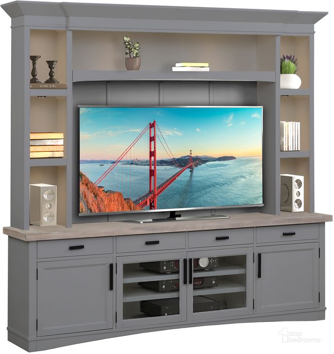 The appearance of Americana Modern 92 Inch TV Console With Hutch Back Panel and LED Lights In Grey designed by Parker House in the traditional interior design. This grey piece of furniture  was selected by 1StopBedrooms from Americana Modern Collection to add a touch of cosiness and style into your home. Sku: AME#92-DOV;AME#92BP-DOV;AME#92HB-DOV;AME#92HP-DOV. Product Type: TV Console. Material: Poplar. Image1