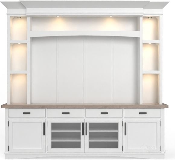 The appearance of Americana Modern 92 Inch TV Console With Hutch Back Panel and LED Lights In White designed by Parker House in the traditional interior design. This white piece of furniture  was selected by 1StopBedrooms from Americana Modern Collection to add a touch of cosiness and style into your home. Sku: AME#92-COT;AME#92BP-COT;AME#92HB-COT;AME#92HP-COT. Product Type: TV Console. Material: Poplar. Image1