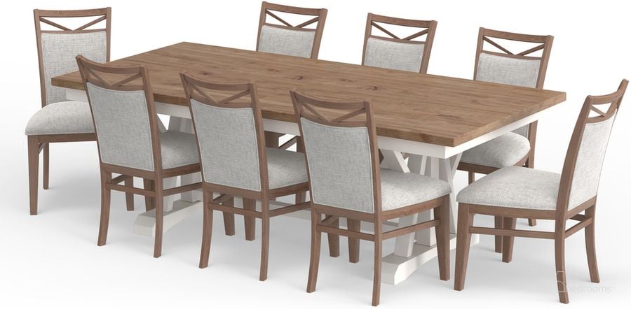 The appearance of Americana Modern Dining Extendable Trestle Table With 8 Upholstered Chairs In Beige designed by Parker House in the traditional interior design. This beige piece of furniture  was selected by 1StopBedrooms from Americana Modern Collection to add a touch of cosiness and style into your home. Sku: DAME#2218;DAME#2218;DAME#2218;DAME#2218;DAME#88B-COT;DAME#88T-COT. Product Type: Dining Room Set. Material: Wood Veneer. Image1