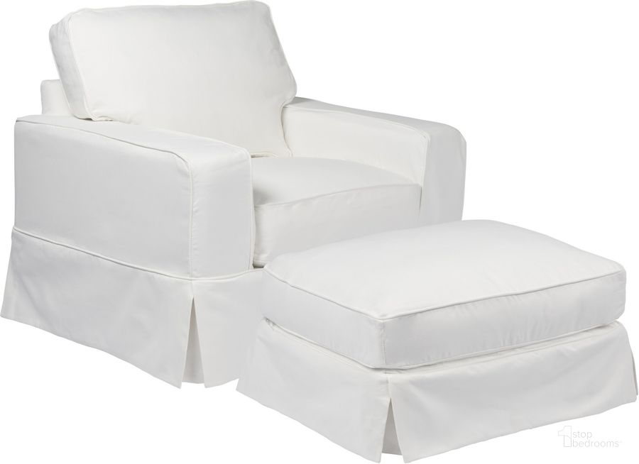 The appearance of Americana White Box Cushion Slipcovered Chair and Ottoman designed by Sunset Trading in the modern / contemporary interior design. This white piece of furniture  was selected by 1StopBedrooms from Americana Collection to add a touch of cosiness and style into your home. Sku: SU-108520-391081;SU-108530-391081. Material: Wood. Product Type: Chair with Ottoman. Image1