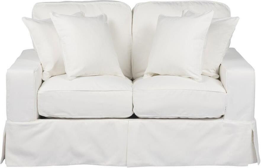 The appearance of Americana White Box Cushion Slipcovered Loveseat designed by Sunset Trading in the modern / contemporary interior design. This white piece of furniture  was selected by 1StopBedrooms from Americana Collection to add a touch of cosiness and style into your home. Sku: SU-108510-391081. Material: Wood. Product Type: Loveseat. Image1