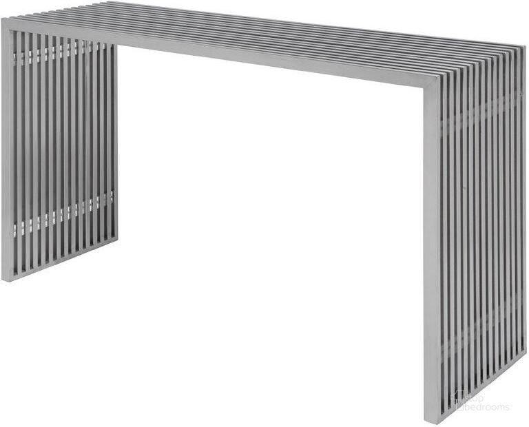 The appearance of Amici Stainless Metal Console Table designed by Nuevo in the modern / contemporary interior design. This silver piece of furniture  was selected by 1StopBedrooms from Amici Collection to add a touch of cosiness and style into your home. Sku: HGDJ189. Material: Metal. Product Type: Console Table. Image1