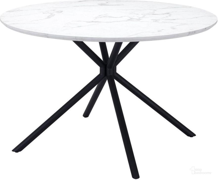 The appearance of Amiens Dining Table White designed by Zuo Modern in the modern / contemporary interior design. This white and black piece of furniture  was selected by 1StopBedrooms from Amiens Collection to add a touch of cosiness and style into your home. Sku: 101879. Table Base Style: Trestle. Table Top Shape: Round. Material: Steel. Product Type: Dining Table. Size: 47". Image1