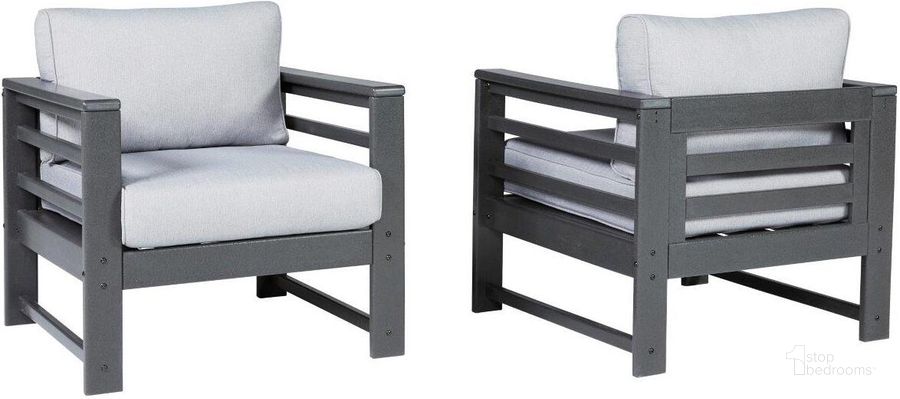 The appearance of Amora Charcoal Gray Outdoor Lounge Chair Set of 2 designed by Signature Design by Ashley in the transitional interior design. This charcoal gray piece of furniture  was selected by 1StopBedrooms from Amora Collection to add a touch of cosiness and style into your home. Sku: P417-820. Product Type: Outdoor Chair. Image1