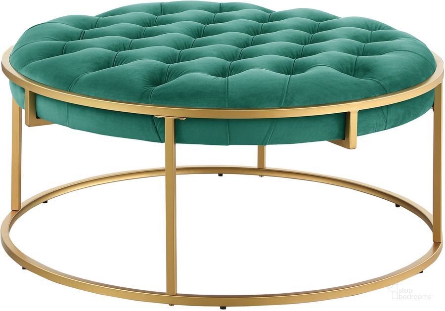 The appearance of Amoria Green Round Ottoman In Brushed Gold designed by Best Master Furniture in the cabin / lodge interior design. This green piece of furniture  was selected by 1StopBedrooms from Amoria Collection to add a touch of cosiness and style into your home. Sku: A808GRG. Product Type: Ottoman. Material: Velvet. Image1