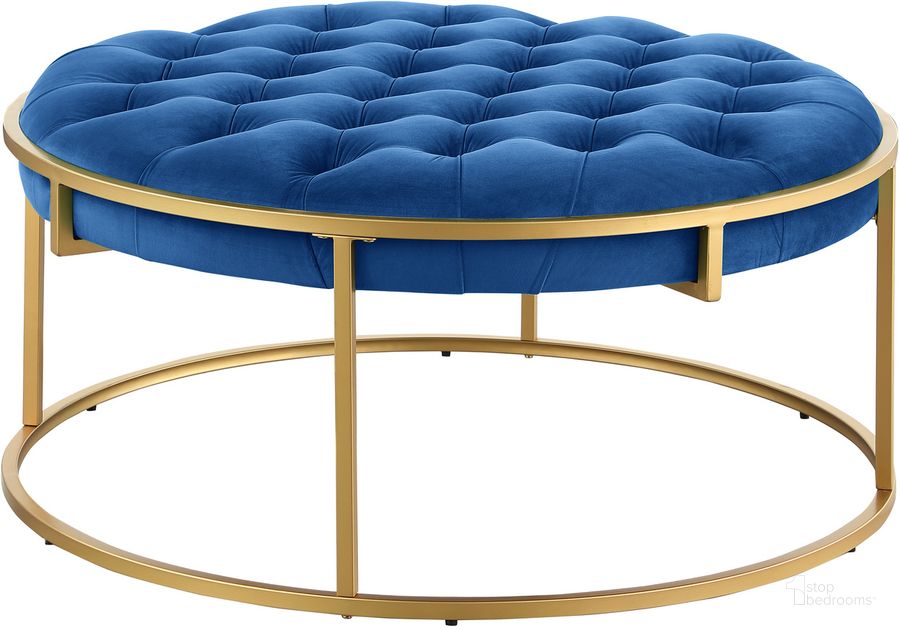 The appearance of Amoria Navy Round Ottoman In Brushed Gold designed by Best Master Furniture in the cabin / lodge interior design. This navy piece of furniture  was selected by 1StopBedrooms from Amoria Collection to add a touch of cosiness and style into your home. Sku: A808NG. Product Type: Ottoman. Material: Velvet. Image1