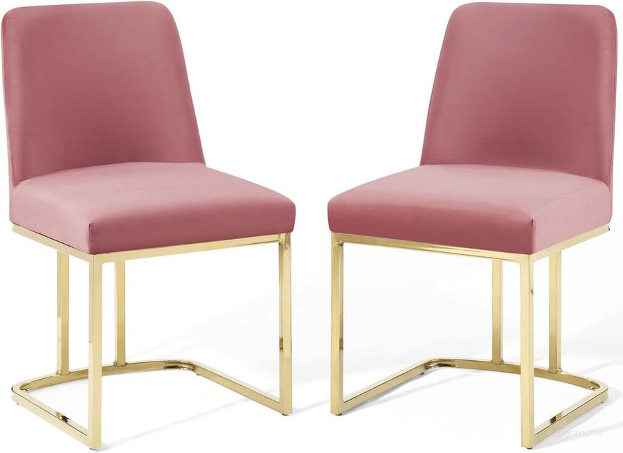 The appearance of Amplify Sled Base Performance Velvet Dining Chairs - Set of 2 In Gold Dusty Rose designed by Modway in the modern / contemporary interior design. This gold dusty rose piece of furniture  was selected by 1StopBedrooms from Amplify Collection to add a touch of cosiness and style into your home. Sku: EEI-5569-GLD-DUS. Material: Polyester. Product Type: Dining Chair. Image1