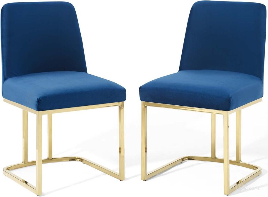 The appearance of Amplify Sled Base Performance Velvet Dining Chairs - Set of 2 In Gold Navy designed by Modway in the modern / contemporary interior design. This gold navy piece of furniture  was selected by 1StopBedrooms from Amplify Collection to add a touch of cosiness and style into your home. Sku: EEI-5569-GLD-NAV. Material: Polyester. Product Type: Dining Chair. Image1