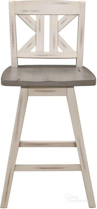 The appearance of Amsonia Distressed Gray And White X Back Swivel Counter Height Chair Set of 2 designed by Homelegance in the transitional interior design. This white piece of furniture  was selected by 1StopBedrooms from Amsonia Collection to add a touch of cosiness and style into your home. Sku: 5602-24WTS1. Product Type: Barstool. Material: Rubberwood. Image1